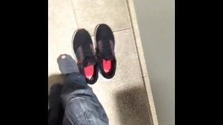 Getting completely naked and very hard masturbating in very busy public bathroom