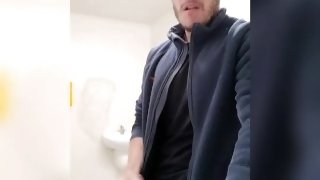Masculine Guy Has Intense Orgasm in Public Bathroom