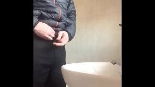 Desperate cum into sink. Big cock masturbated by horny solo male in a rush for an appointment, cum