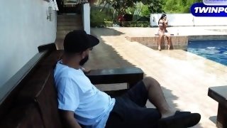 Slut outdoor fuck with unknown Soldier in public pool while her cuckold Dani Clark takes a call