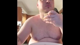 Chubby daddy making solo breakfast for dinner