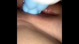 Wet pussy takes big fantasy dildo