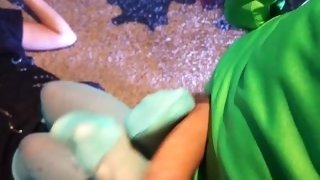 Green guy fucks masked Latina babe and cums all over her