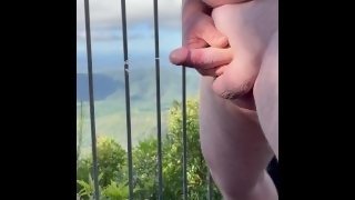 Naked wanking at public lookout small cock cums