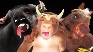 Furry girl with huge tits gets fucked by two monster cocks so they cum in her mouth in wild sex from