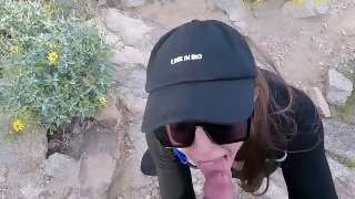 Hot girl flashes, fucks, and sucks on hiking trail