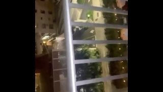 Slim thick ebony gets caught by hotel security fucking on balcony