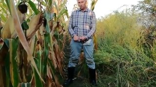 The farmer pees several times in different places in the field