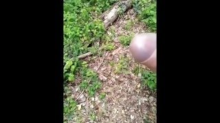 Solo exhibitionist walks through woods with CUMSHOT