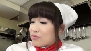 Chef and restaurant manager discipline the Asian cook by making her squirt with thick vegetables