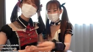 Japanese girls gives a guy a drooling and handjob wearing a succubus costume.