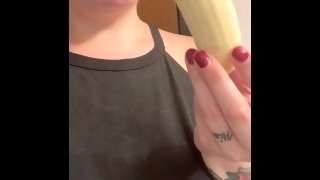 BBW stepmom MILF eats sucks and deep throats a banana