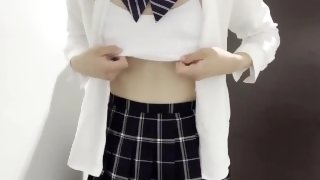 【女装】かわいい制服を着て、チンポビンビン大量射精オナニー💕