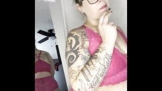 BBW stepmom Milf smoking joint wake and bake in bra and panties from behind POV