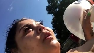 Public pool Latina bbw feeding Mariahbb stuffing her face with her titties out